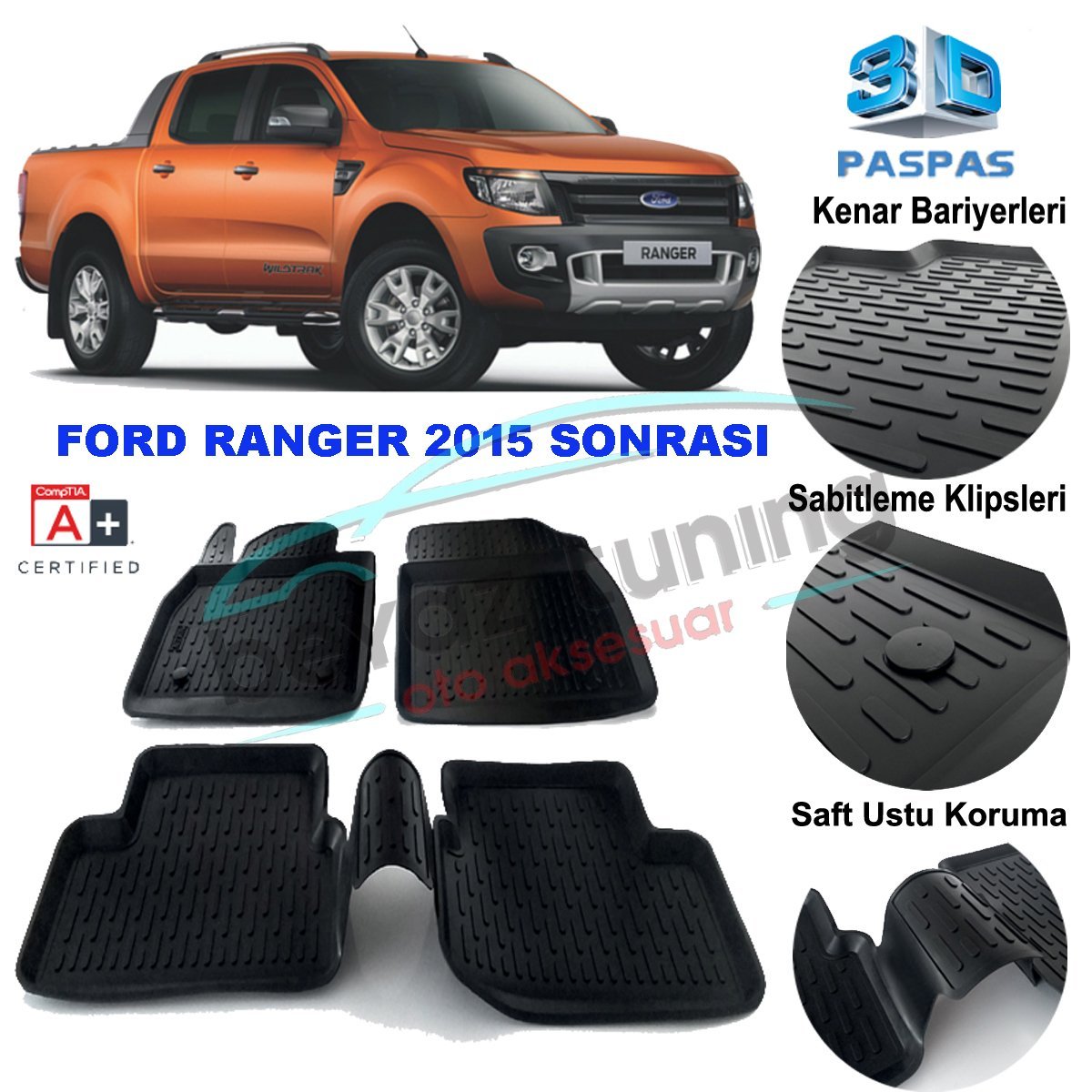 Ford Ranger Havuzlu 3D Paspas Niken Siyah 2015 Sonrası