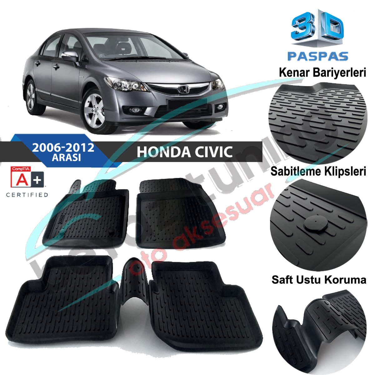 Honda Civic FD6 Havuzlu 3D Paspas Niken Siyah 2006-2012