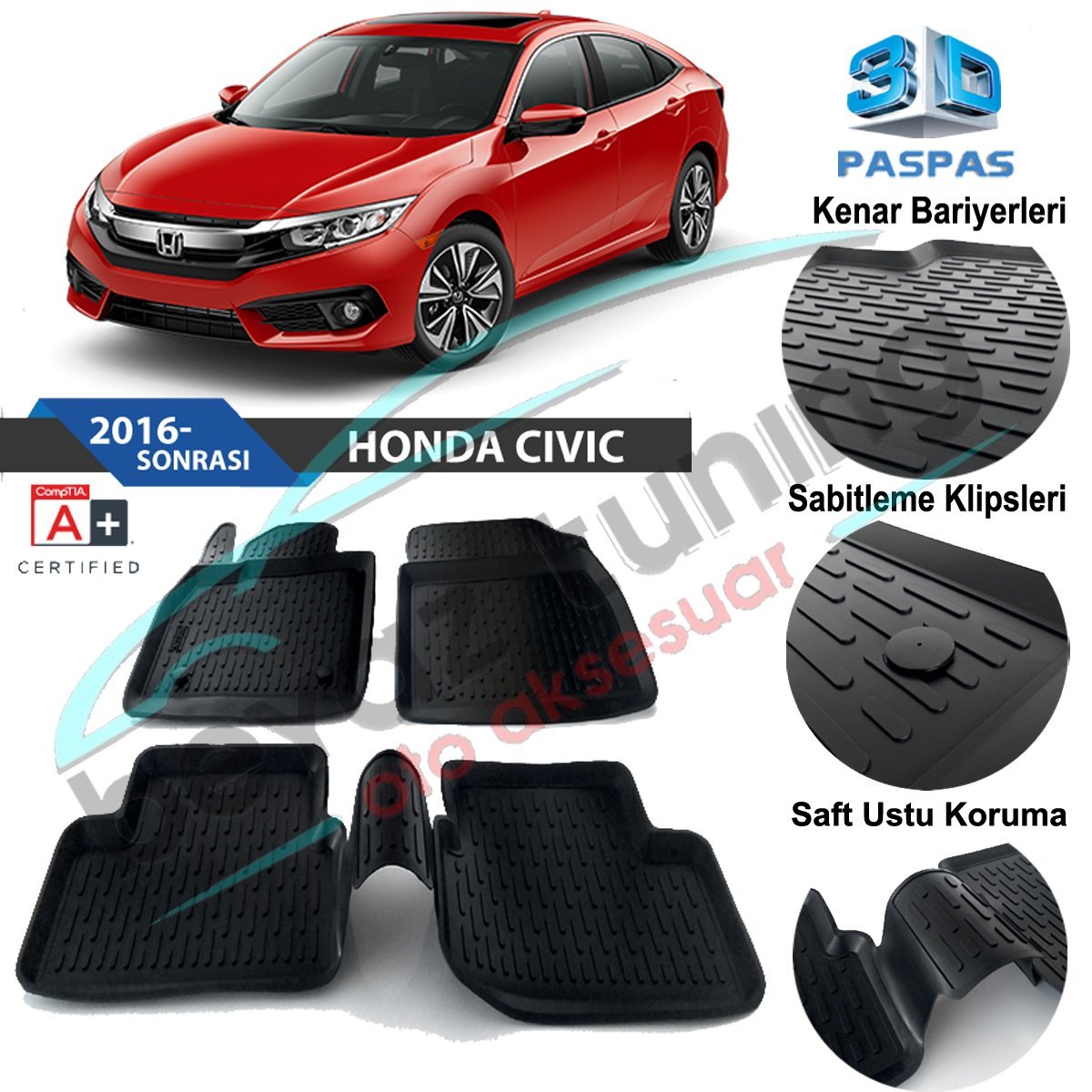 Honda Civic Fc5 Havuzlu 3D Paspas Niken Siyah 2016 Sonrası