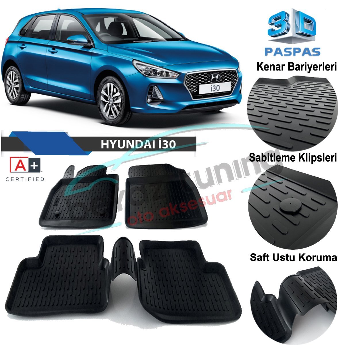 Hyundai İ30 Havuzlu 3D Paspas Niken Siyah 2017 Sonrası