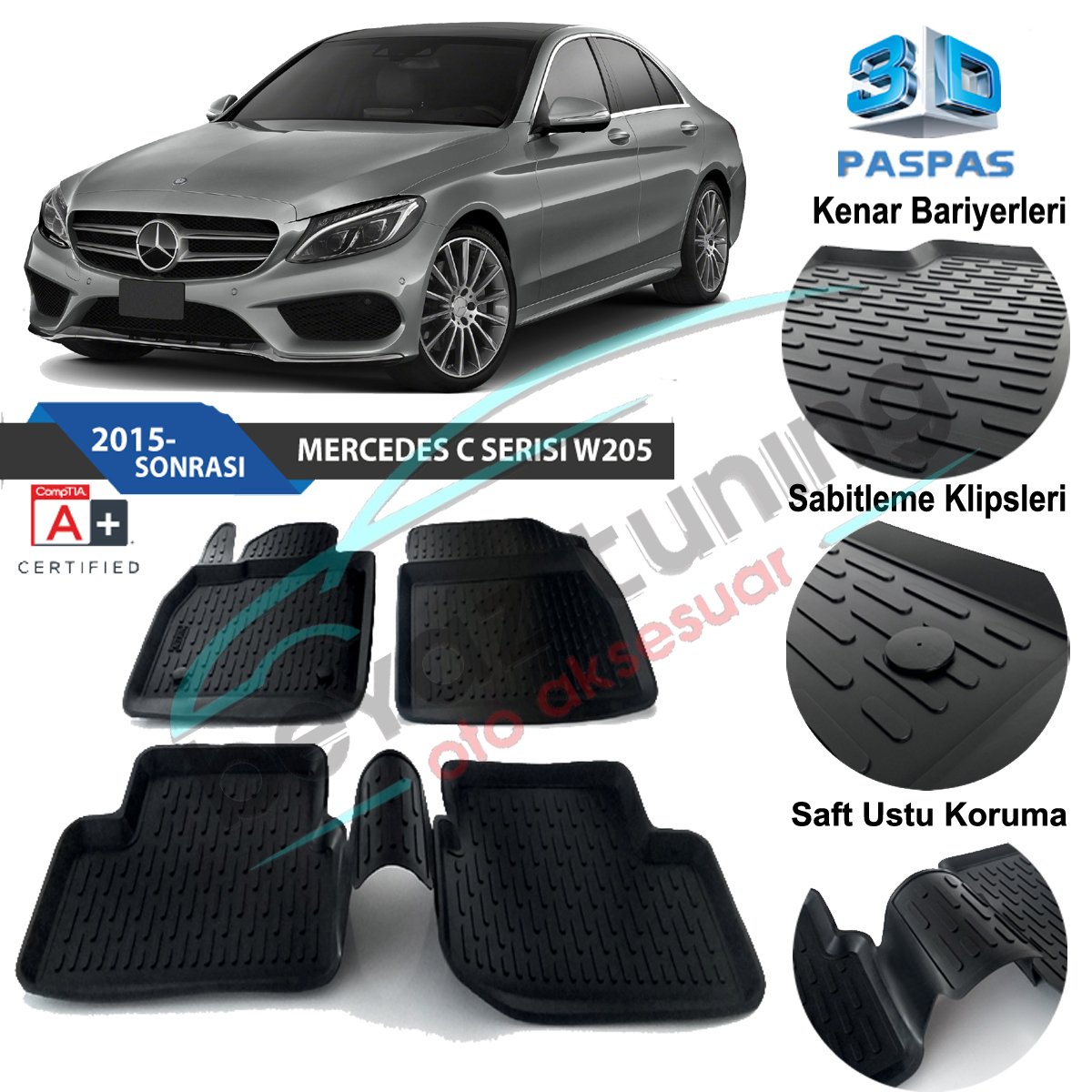 Mercedes W205 Havuzlu 3D Paspas Niken Siyah 2013 Sonrası