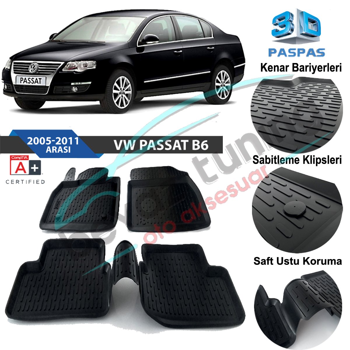Volkswagen Passat B6 Havuzlu 3D Paspas Niken Siyah 2005-2010