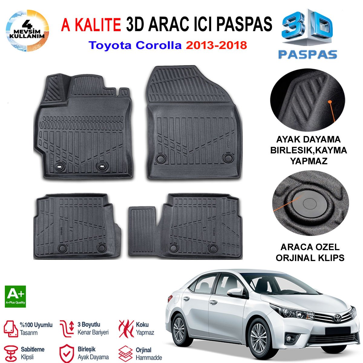 Toyota Corolla 3D Paspas Havuzlu Pro 2013-2018 Arası