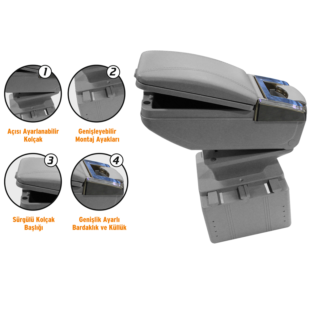 Sürgülü Kolçak Kol Dayama Bardaklık ve Küllüklü Gri