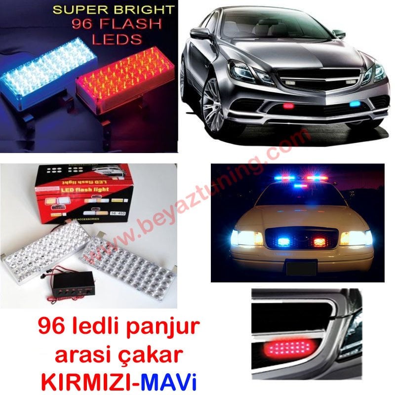 96 Ledli Panjur İçi Flaş Çakar Lamba Kırmızı Mavi