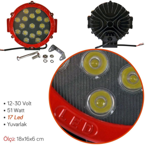 Off Road Sis Lambası 17 Ledli 51 Watt Kırmızı 4x4 Yayıcı Sis Farı