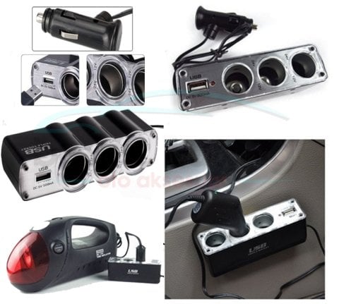 Araç İçi Çakmak Çoklayıcı Çoğaltıcı 3 Lü USB li 12 Volt Kablolu