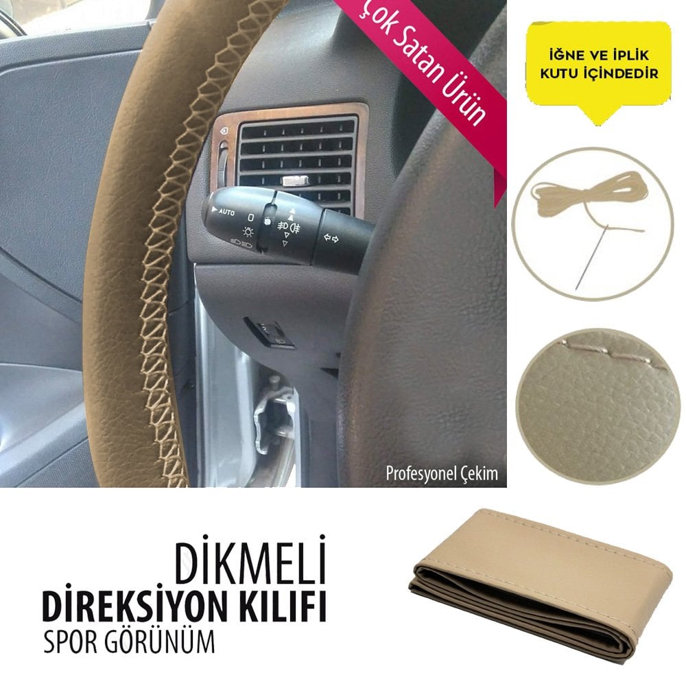 Dikmeli Direksiyon Kılıfı Deri Bej Dikişli