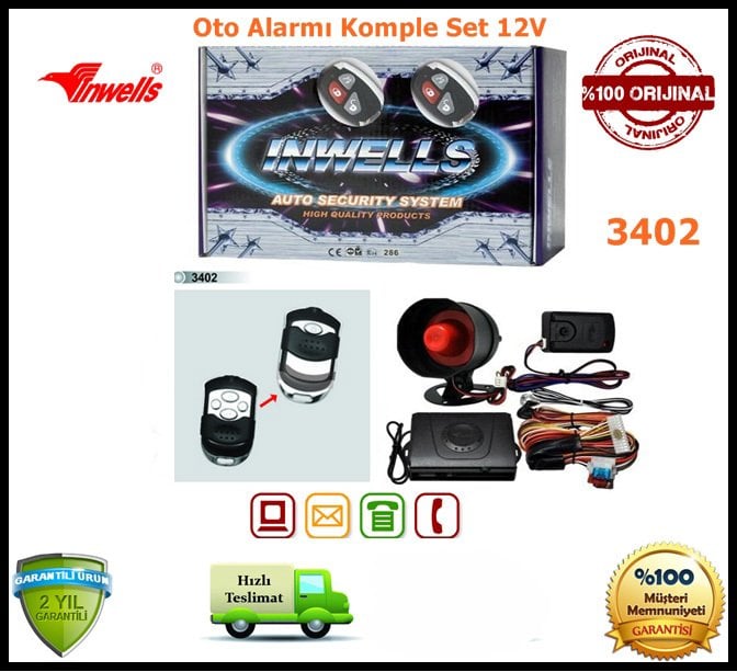 Oto Alarmı Sistemi Uzaktan Kumandalı İnwells 12V 3402