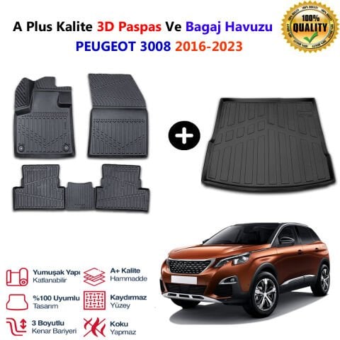 Peugeot 3008 3D Paspas Havuzlu Ve Bagaj Havuzu seti 2016-2023