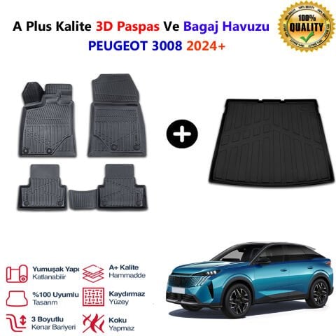 Peugeot 3008 3D Paspas Havuzlu Ve Bagaj Havuzu seti 2024 Sonrası