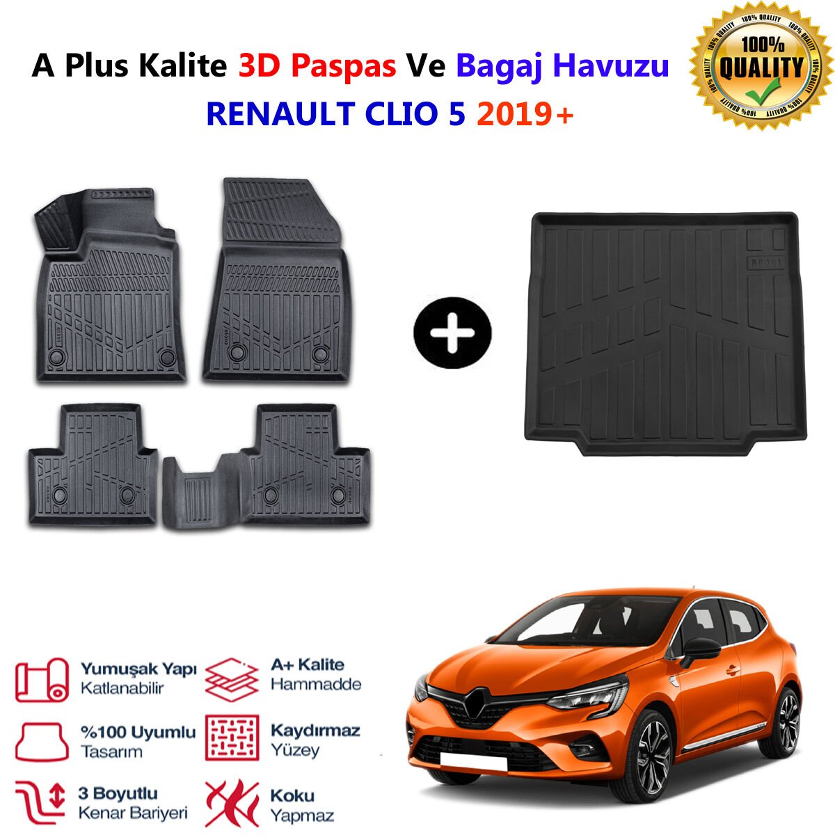 Renault Clio 5 3D Paspas Havuzlu Ve Bagaj Havuzu seti 2019 Sonrası