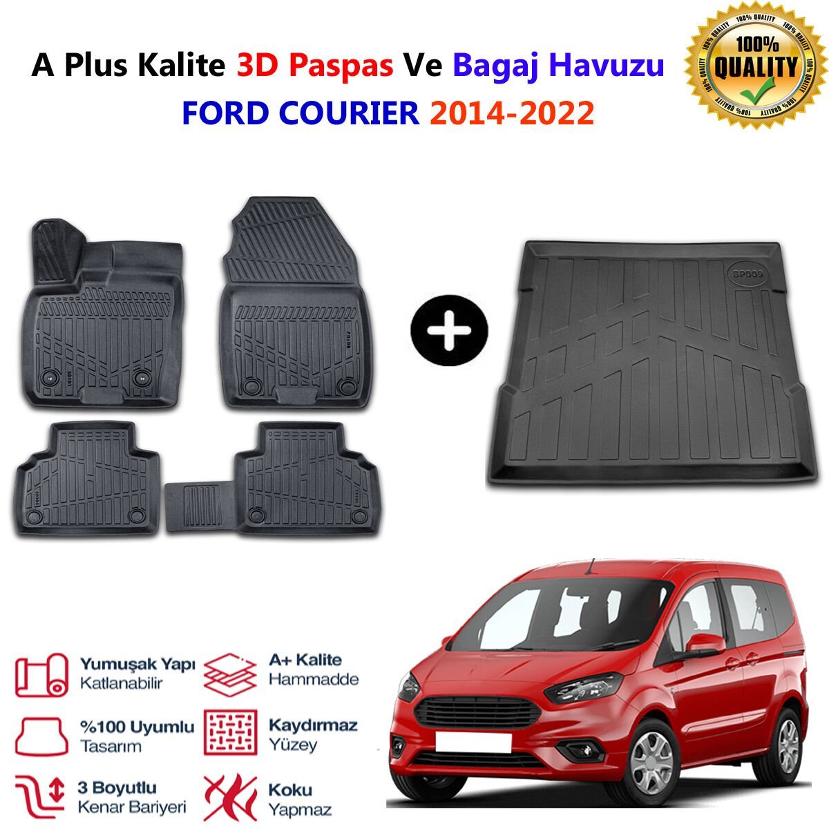 Ford Courier 3D Paspas Havuzlu Ve Bagaj Havuzu seti 2014-2022