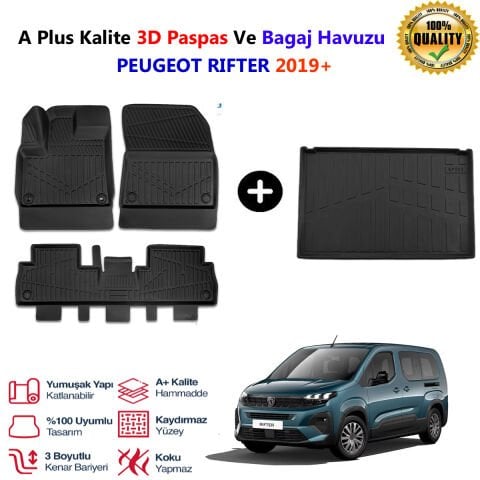 Peugeot Rifter  3D Paspas Havuzlu Ve Bagaj Havuzu seti 2019 Sonrası