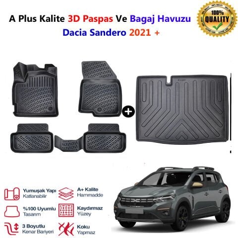 Dacia Sandero  3D Paspas Havuzlu Ve Bagaj Havuzu seti 2021 Sonrası