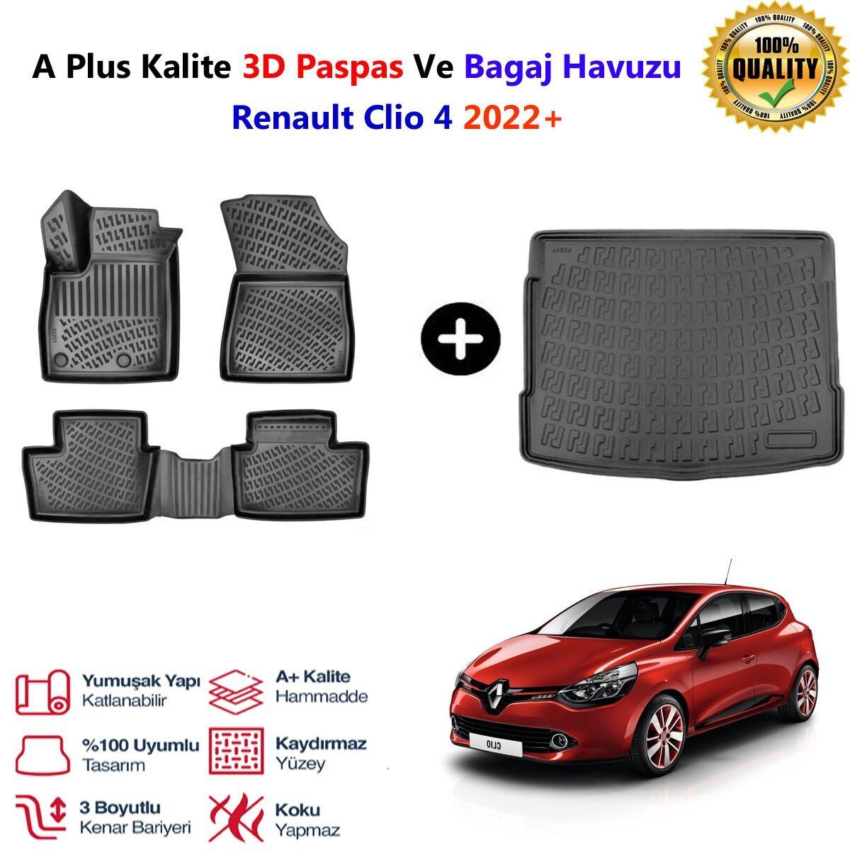Renault Clio 4 3D Paspas Havuzlu Ve Bagaj Havuzu seti 2022 Sonrası