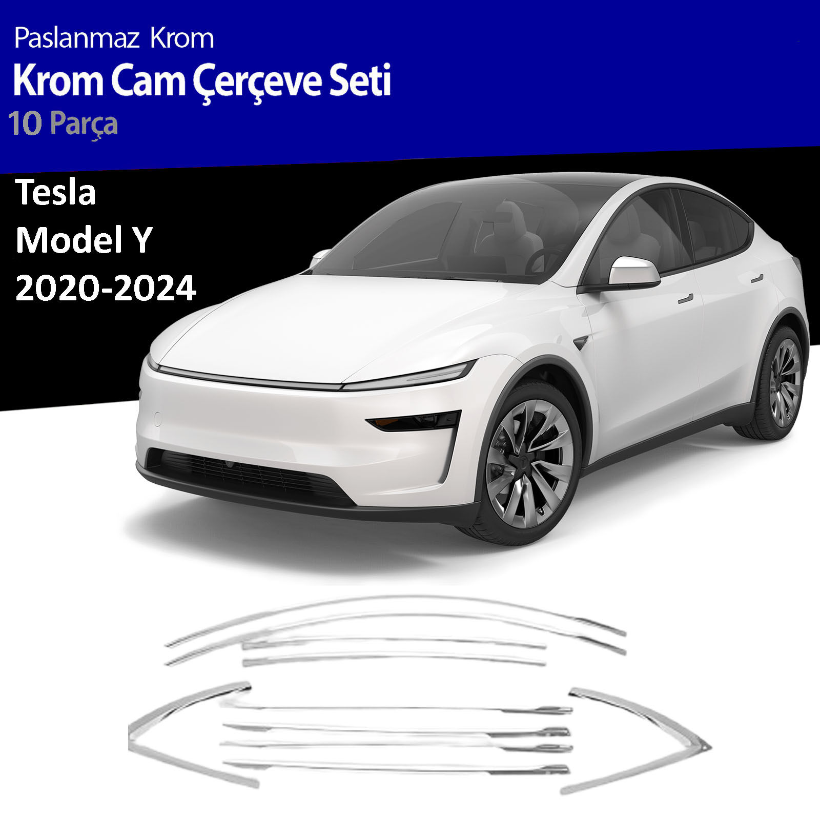 Tesla Model Y Cam Çıtası Komple Set Çerçevesi Kromu Nikelajı 2020 - 2024
