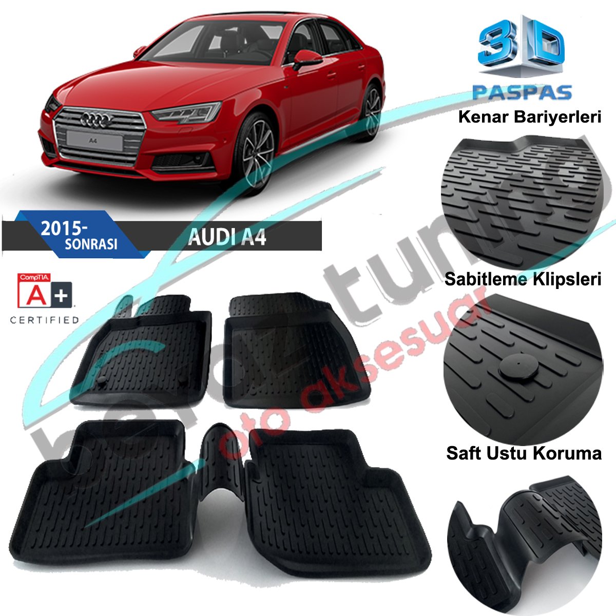 Audi A4 Havuzlu 3D Paspas Niken Siyah 2015 Sonrası